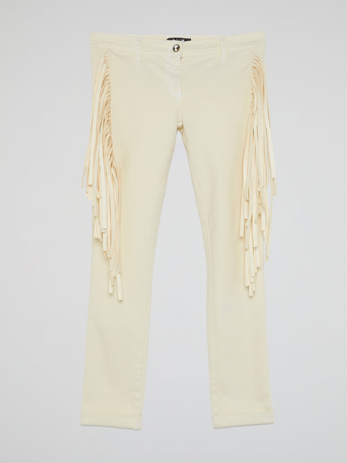 White Fringe-Detail Trousers