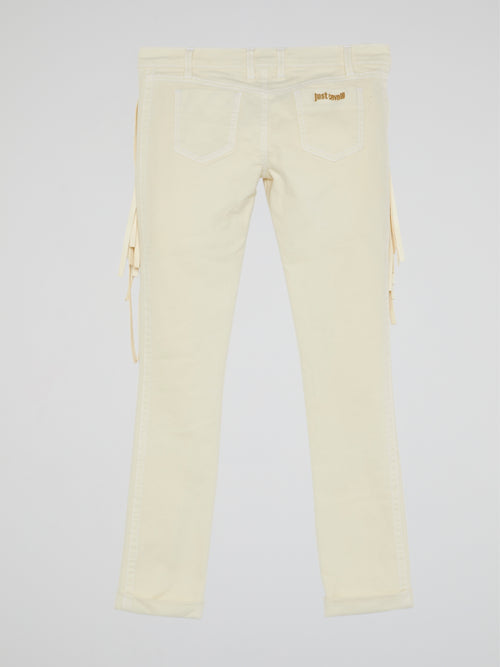 White Fringe-Detail Trousers