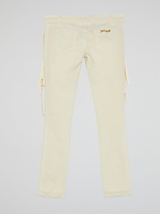 White Fringe-Detail Trousers