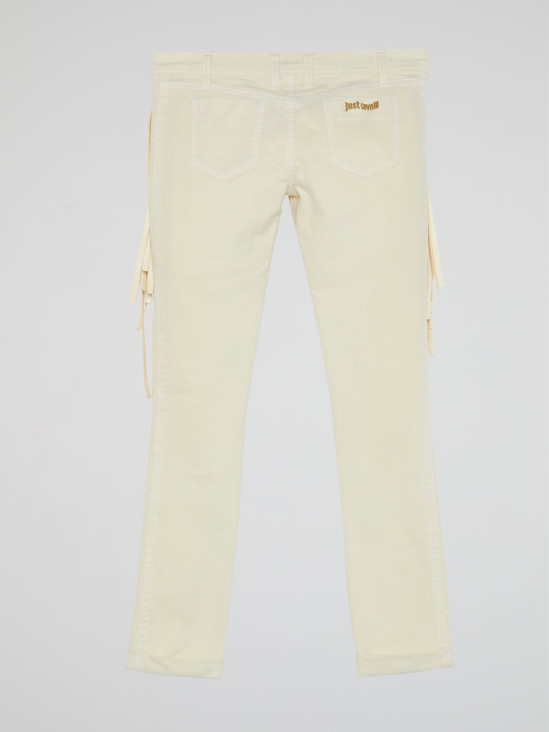 White Fringe-Detail Trousers