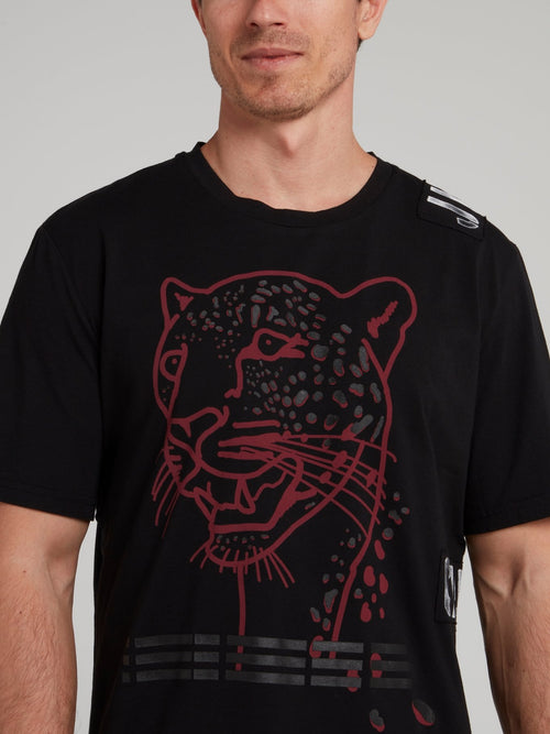 Black Leopard Head Print T-Shirt