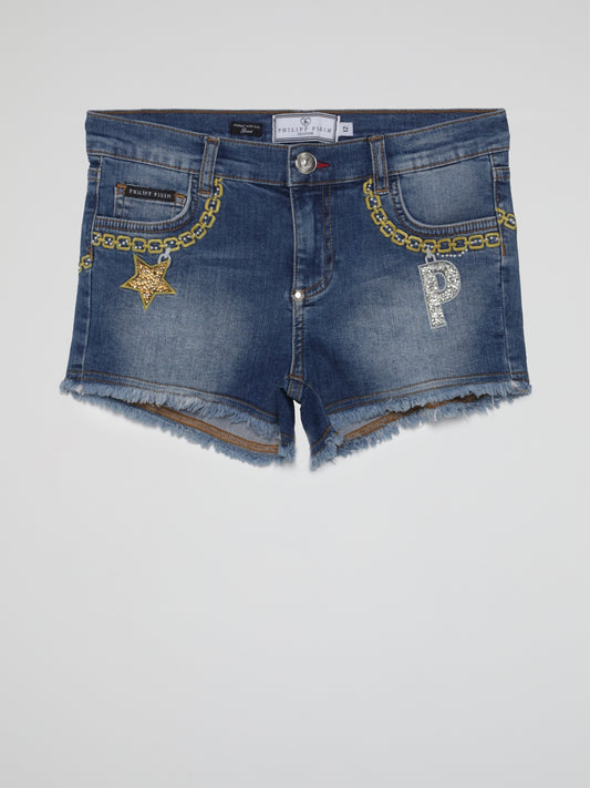 Blue Embroidered Bling Denim Shorts (Kids)