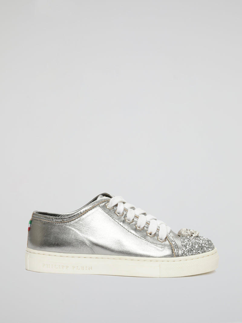 Silver Skull Detail Lace Up Sneakers (Kids)